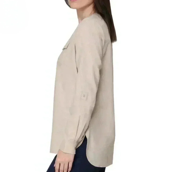 NWT Tahari Long Sleeved Linen Blouse Roll Sleeve Tan Large Popover Style Top - Picture 2 of 16